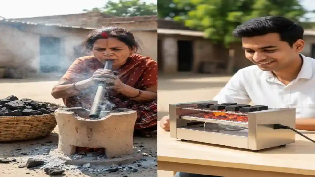 Electric Charcoal Burner vs. Traditional Coal Chulha: A traditional village coal chulha requires massive, exhausting physical effort to light and maintain properly.