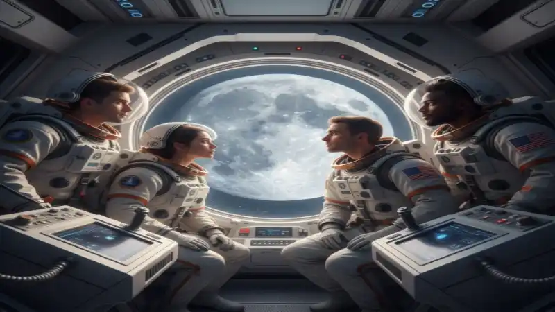 The Artemis II crew aboard the Orion spacecraft during their historic April 2026 lunar flyby.