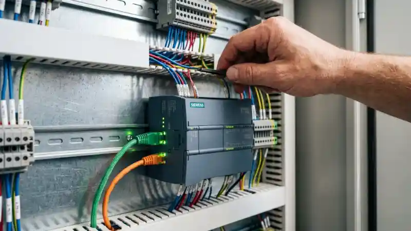 एक डिटरमिनिस्टिक सीमेंस PLC हाई-लेवल फ़िज़िकल AI कमांड्स के लिए रियल-टाइम ब्रिज का काम करता है।