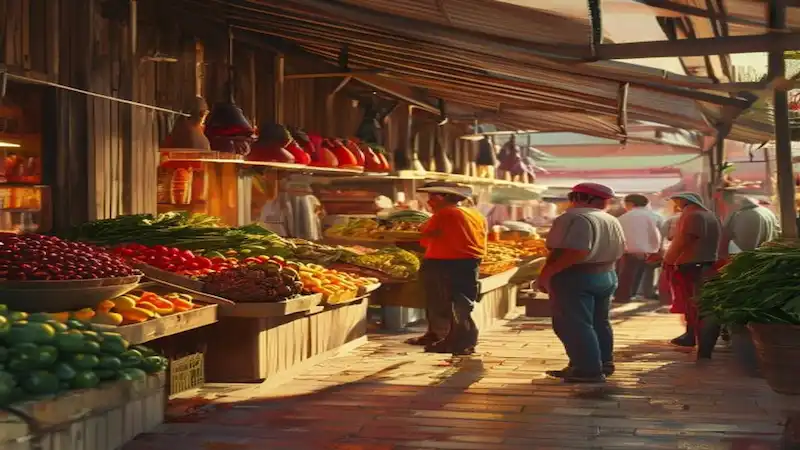 Vibrant farmers market with fresh produce displayed on wooden stalls. Shoppers talking to farmers in warm golden-hour lighting.