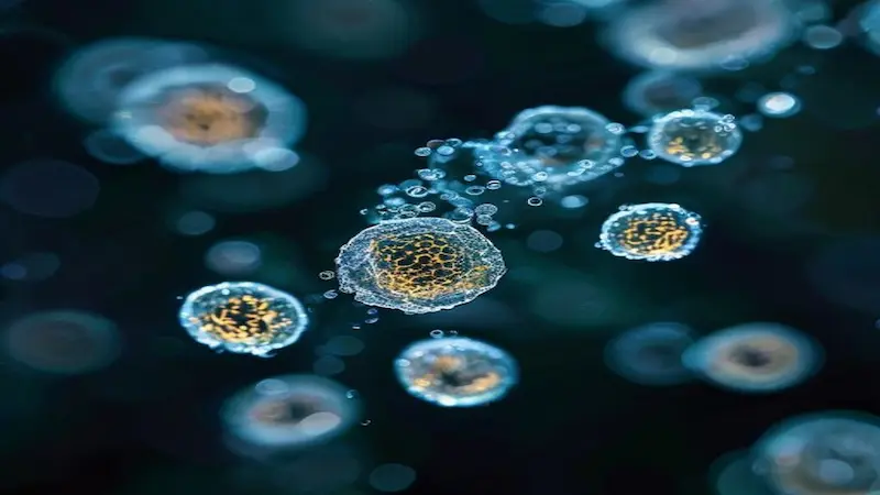 Cyclospora cayetanensis oocysts (8-10 μm) as seen under modified acid-fast stain. The parasite's protective outer wall makes it resistant to standard washing and chlorine treatment.