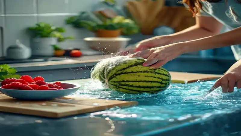 Person carefully washing a melon with a brush under running water in a clean, organized kitchen with cutting boards and a bowl of berries.